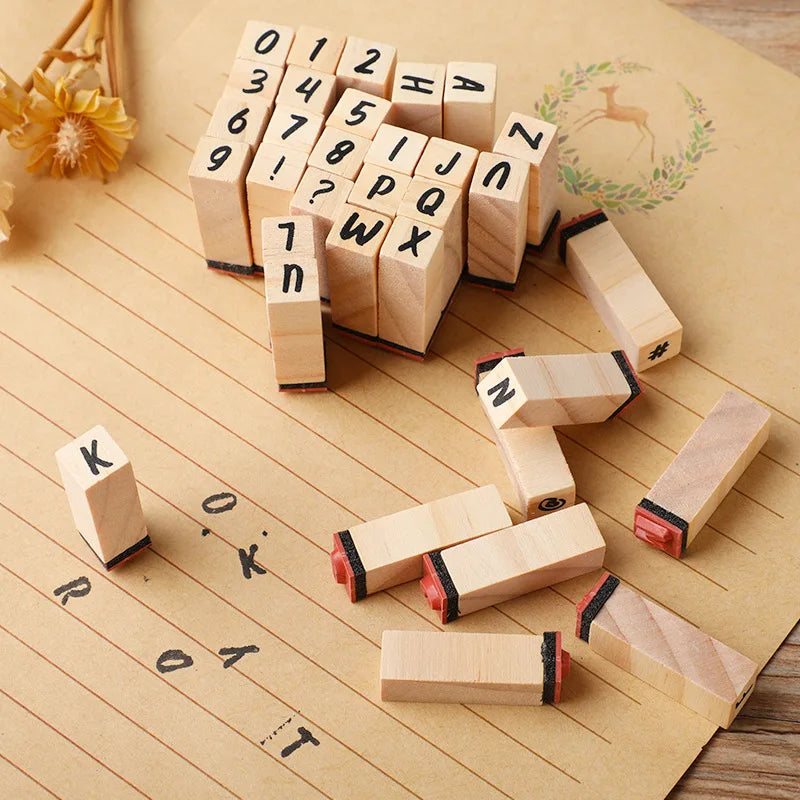 40Pcs Vintage Wooden Rubber Letter Number Symbol Stamp Seal Set with Black Ink Pad for Card Making Planner Scrapbook