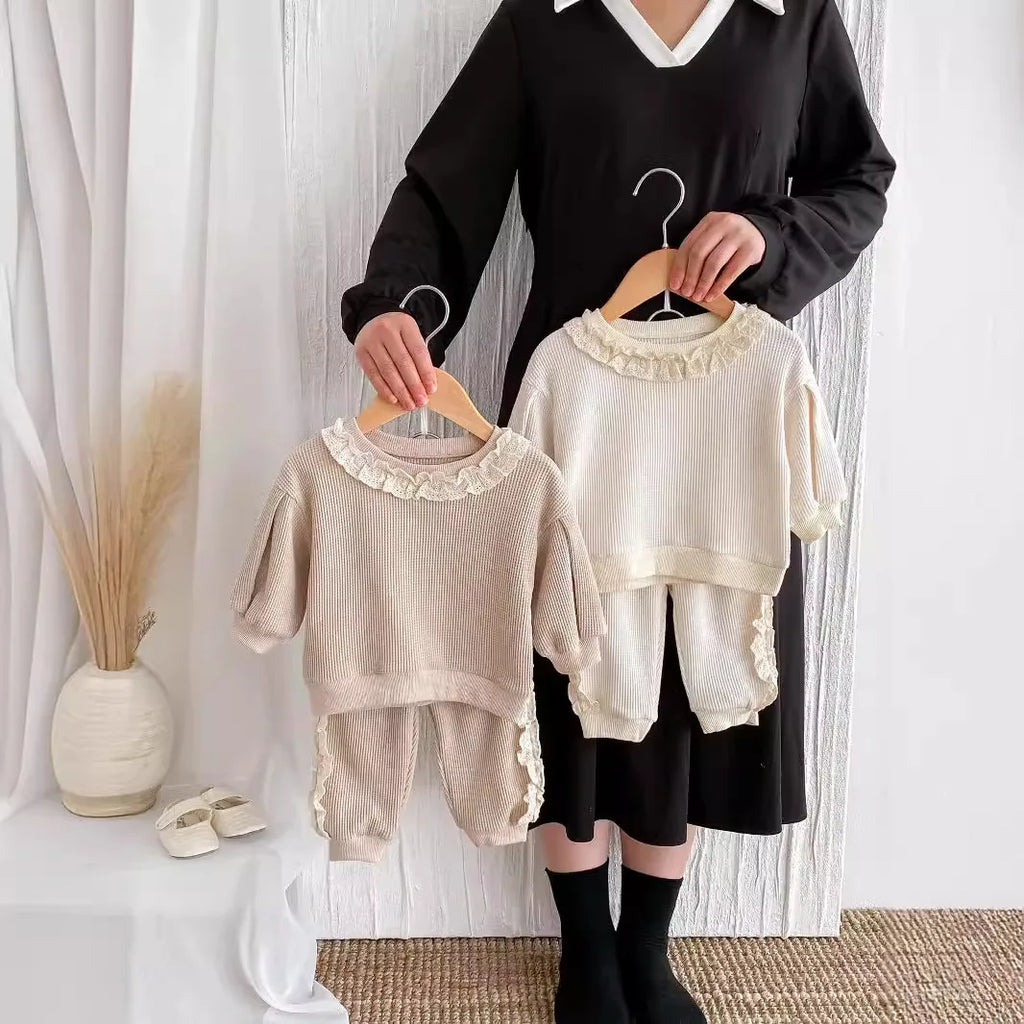 2025 Autumn Spring New in Sweet Lace Trimmed Stylish Sweatshirt + Pants Korean Kids Baby Girls' Casual Loose 2-Piece Set