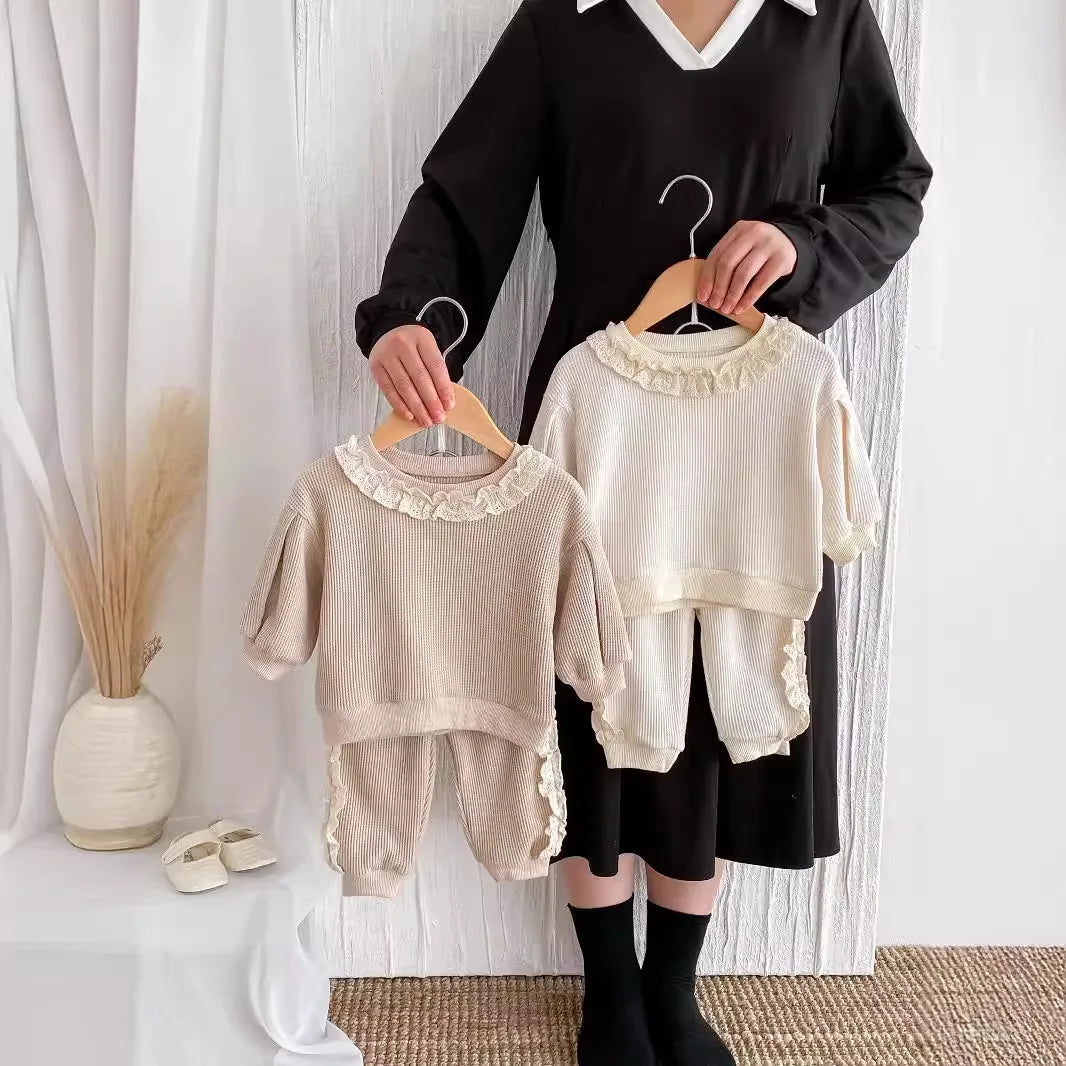 2025 Autumn Spring New in Sweet Lace Trimmed Stylish Sweatshirt + Pants Korean Kids Baby Girls' Casual Loose 2-Piece Set