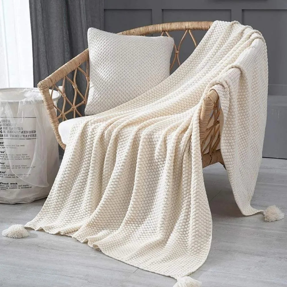 Warm Solid Color Knitted Blanket Soft Breathable Fringe Blanket Nordic Bedspread