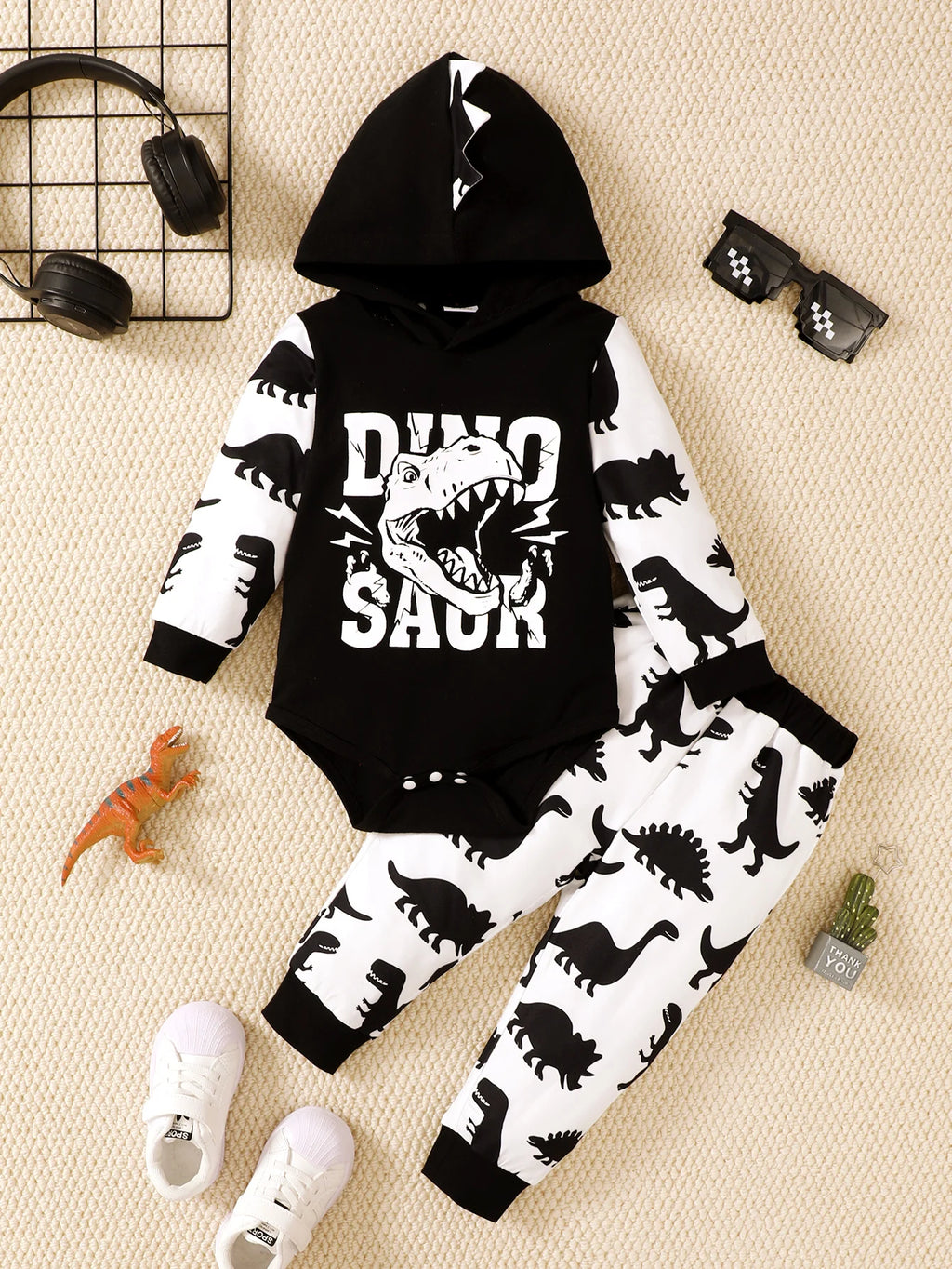 Winter 0-1 Years Old  Infant  Baby  Boys  Dinosaur  Print  Long  Sleeved  Hooded  Sweatshirt  Casual  2-Piece  Set