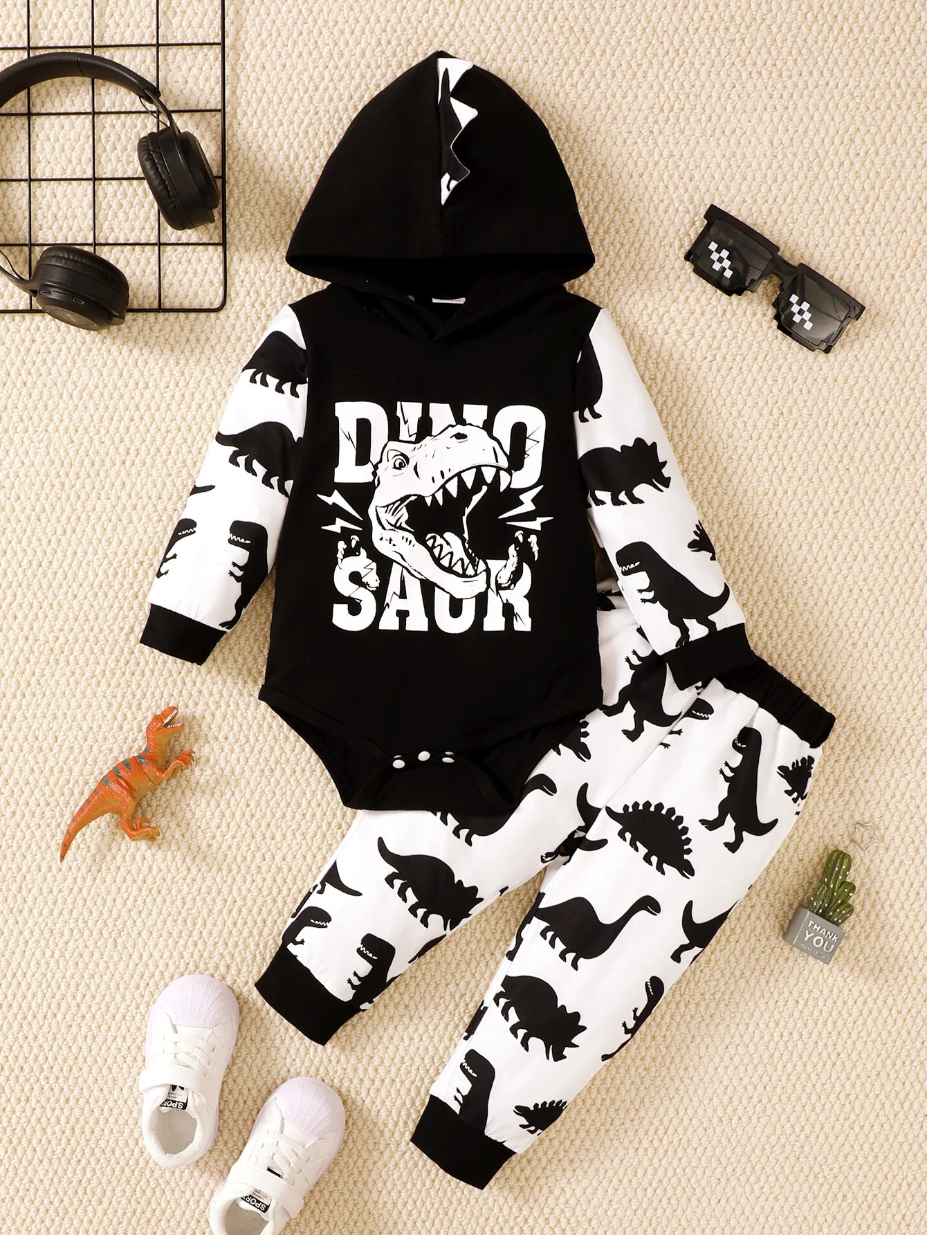 Winter 0-1 Years Old  Infant  Baby  Boys  Dinosaur  Print  Long  Sleeved  Hooded  Sweatshirt  Casual  2-Piece  Set
