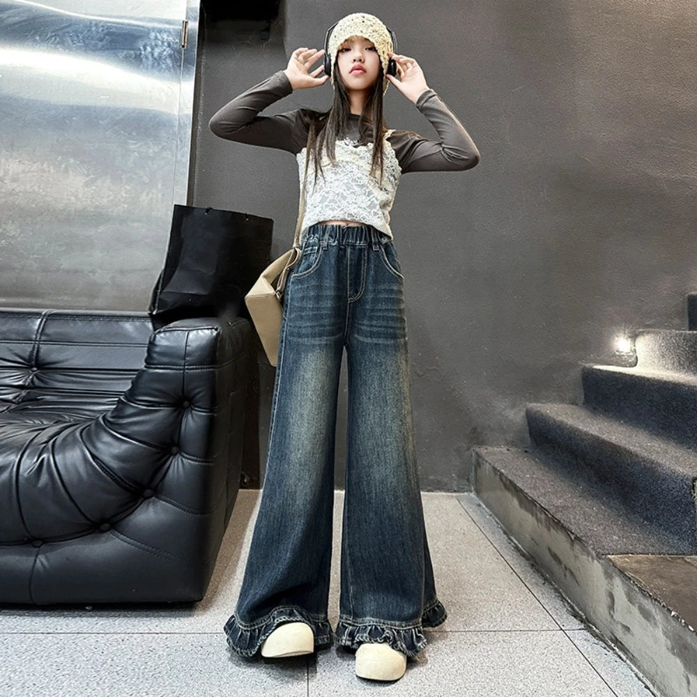 Wide Leg Pants Teen Girl Jeans Straight Long Loose Children Ruffled Jeans High Waist Streetwear Girls Denim Trousers Girls Gift