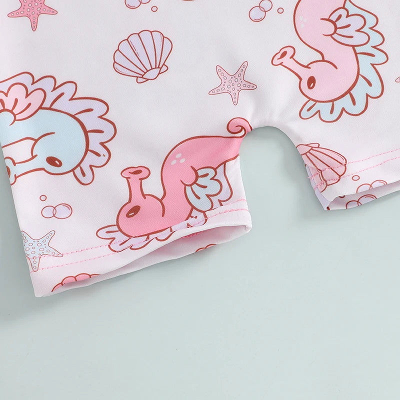 Blotona Toddler Boys Girls Rash Guard Swimsuit with Hat 2Pcs Set Seahorse Shell Pattern Zip Up Long Sleeve O-Neck Baby Swimwears