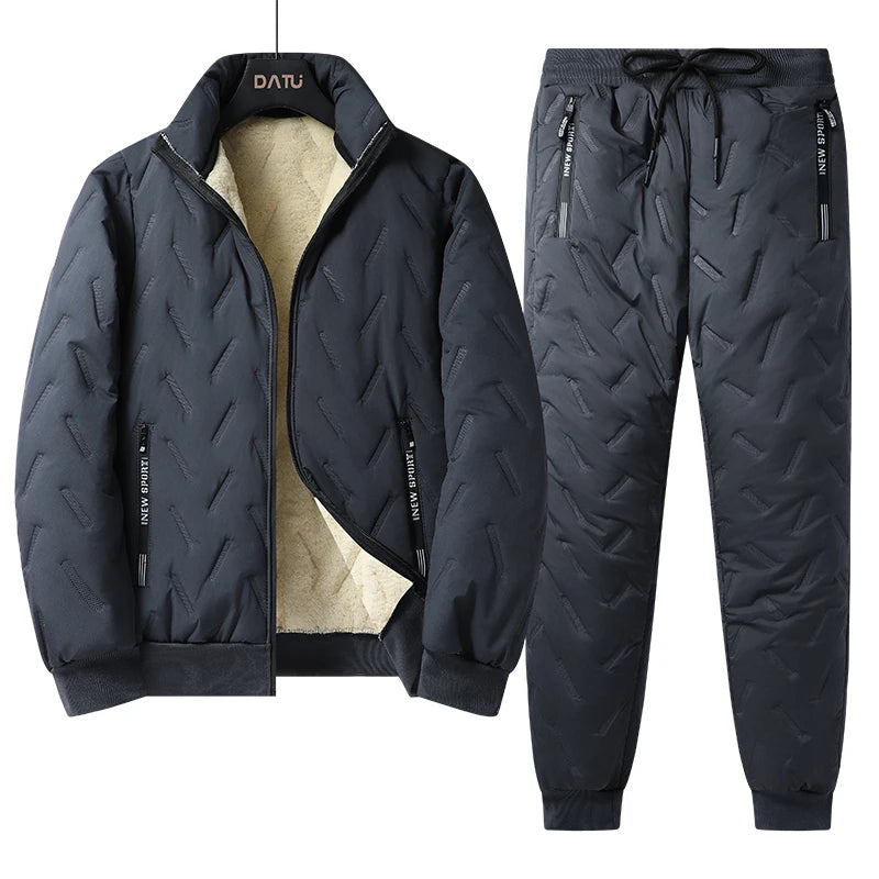 Men's autumn and winter sports suit stand collar casual open top jacket outdoor thick warm cotton jacket and pants two-piece set