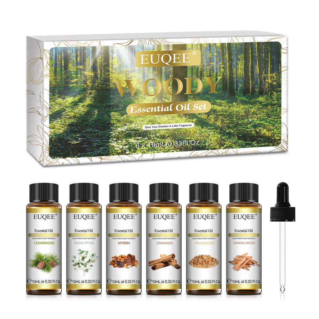 EUQEE 10ml*6pcs Woody Essential Oil Set (Eucalyptus Cedarwood Sandalwood Frankincense Cinnamon Myrrh)-Natural Aromatherapy Oils
