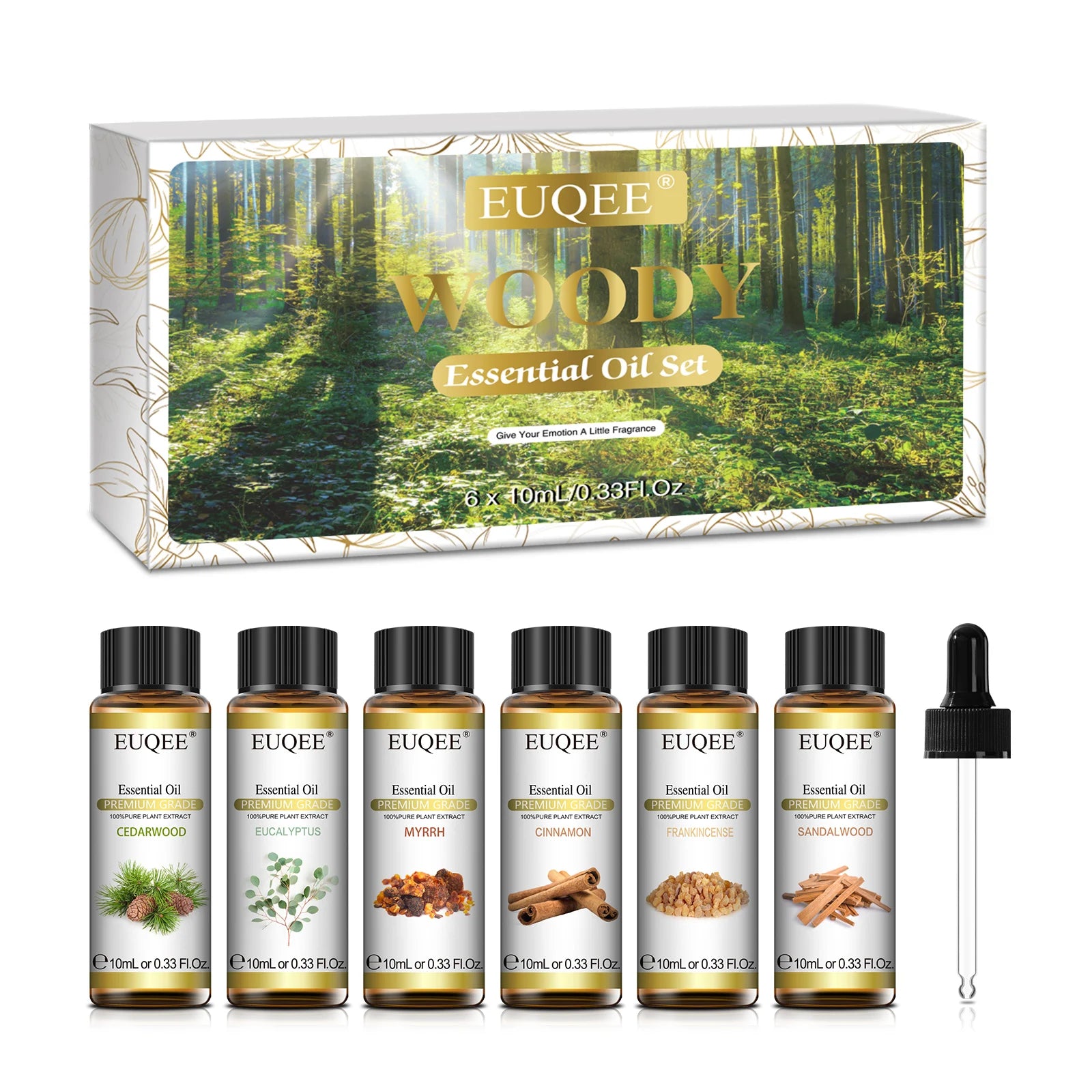 EUQEE 10ml*6pcs Woody Essential Oil Set (Eucalyptus Cedarwood Sandalwood Frankincense Cinnamon Myrrh)-Natural Aromatherapy Oils