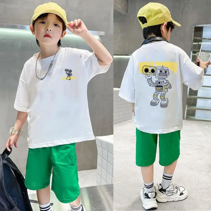 2025 summer Teens Boys Clothes set Outfit Kid robot fashion Tracksuit Child t-shirt top + solid shorts pant 4 7 8 10 12 14 Year