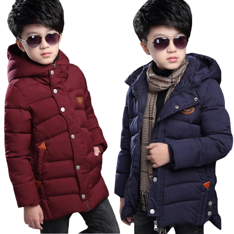 Winter New Teen Boys Jacket Long Style Solid Color Thick Keep Warm Hooded Outwear For 5-14 Years Kids Down Cotton Windbreaker