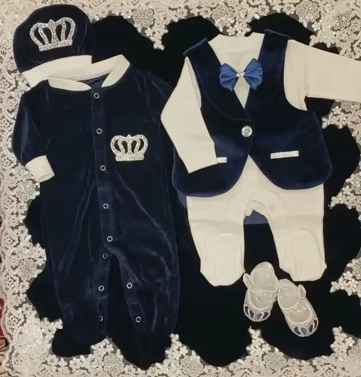 Dollbling Royal Blue Velvet Baby Romper Outfits Set Welcome Home Nursery Infant Nest Luxury Crown Receiving Blanket