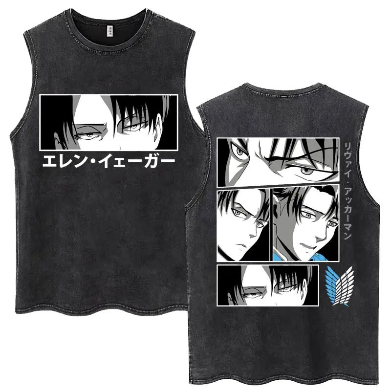 Washed Anime Attack on Titan Vintage Tank Tops Eren Yeager Shingeki No Kyojin Sleeveless T Shirt Men's Cotton Loose Y2k T Shirts