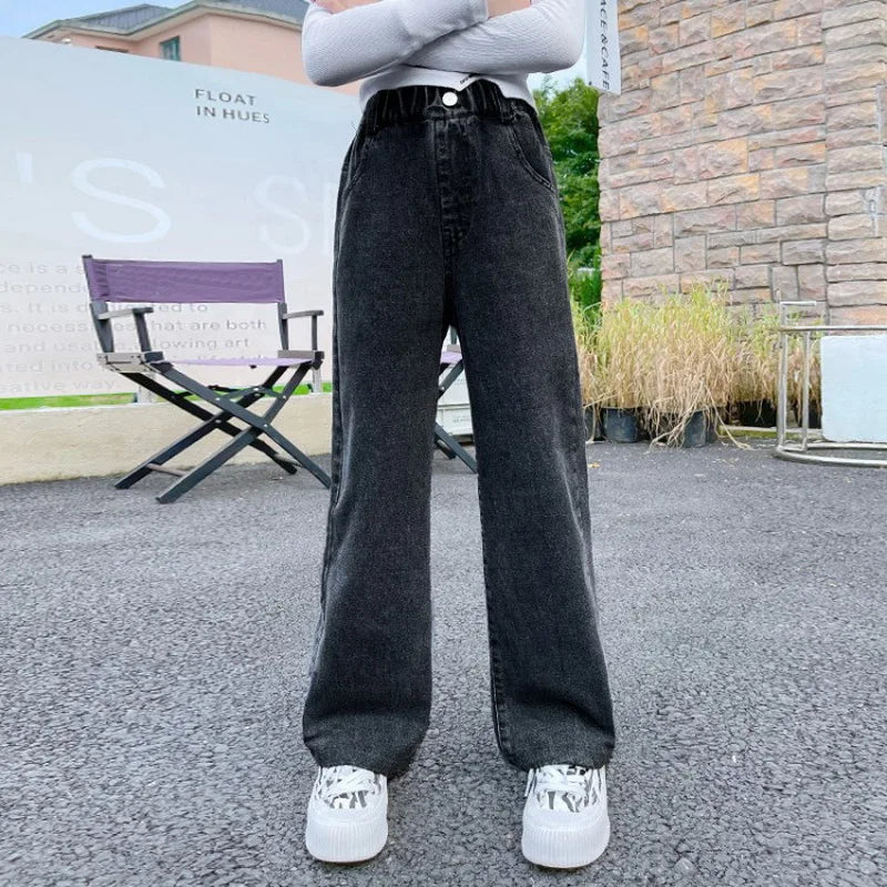 Teenage Girls Jeans 2025 Spring Autumn Casual Fashion Loose Blue Kids Leg Wide Pants School Children Trousers 6 8 10 12 Year
