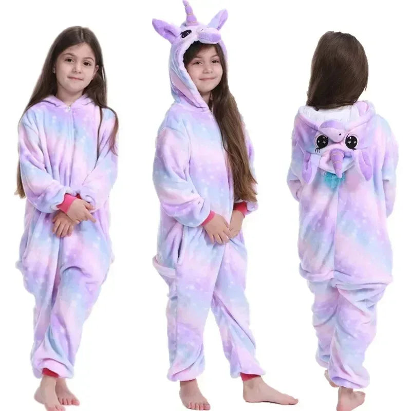 Kids Unicorn Animal Jumpsuits Cartoon Pajamas Cosplay Holiday Costume Cat Panda Flannel Sleepwear for Children Outfits 4-12Yrs
