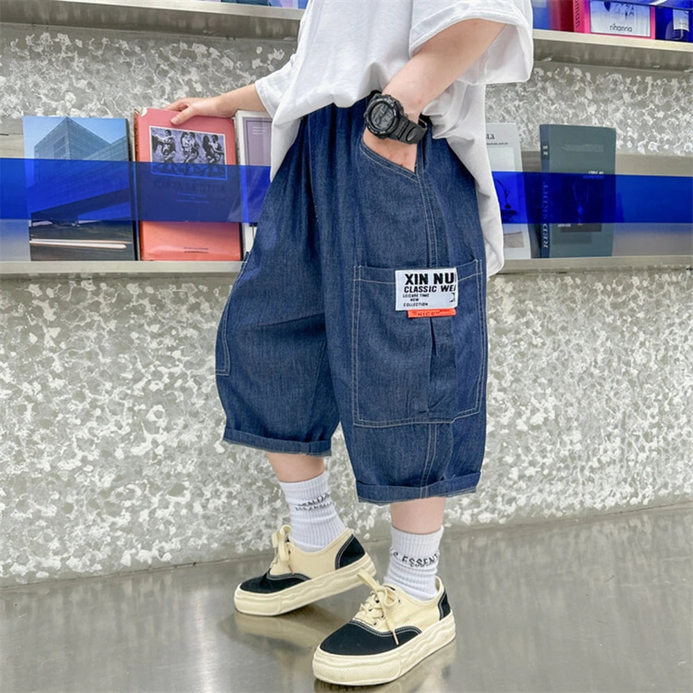 Teen Boys Shorts New Casual Alphabet Cotton Thin Denim Ffabric Children Short Jeans Clothing for Boy 4 6 8 10 12 14 16 Years