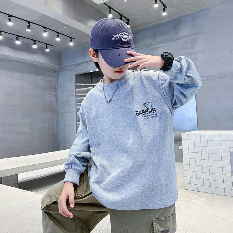 Teen Boys Letter Print Sweatshirt Spring Autumn Long Sleeve Children Loose Casual Kids Grey Color Cotton Pullover Outerwear 4-14