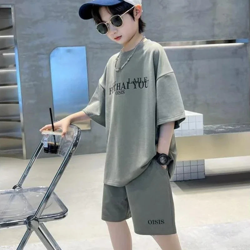 Kids Boutique Clothes Boys Summer Letter Pullover T-Shirt & Shorts 2 Pieces Suit Teenage Boy Sport Outfit Gym Tracksuit 6-16y