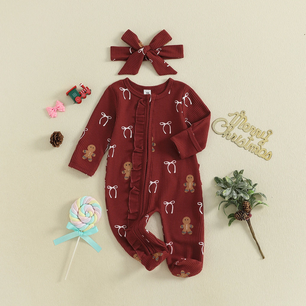 FOCUSNORM 0-18M Lovely Baby Girls Boy Christmas Romper Long Sleeve Candy Cane/Gingerbread Print Oblique Zipper Jumpsuit Headband