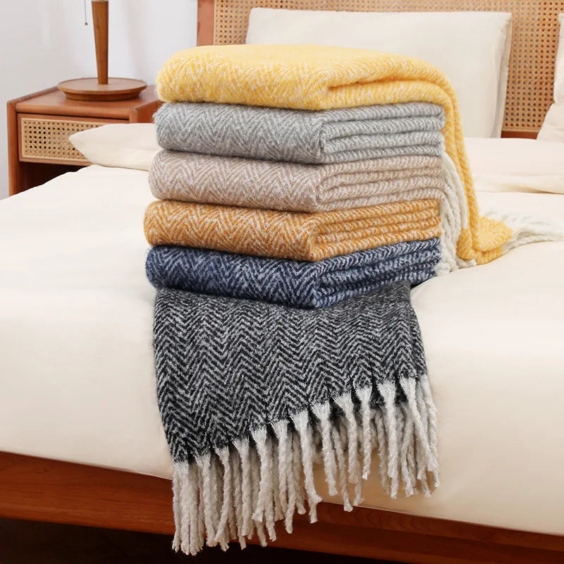 European and American Style Solid Sofa Blanket Napping Air Conditioning Blanket Towel with Tassels Super Soft Cozy Shawl Cushion