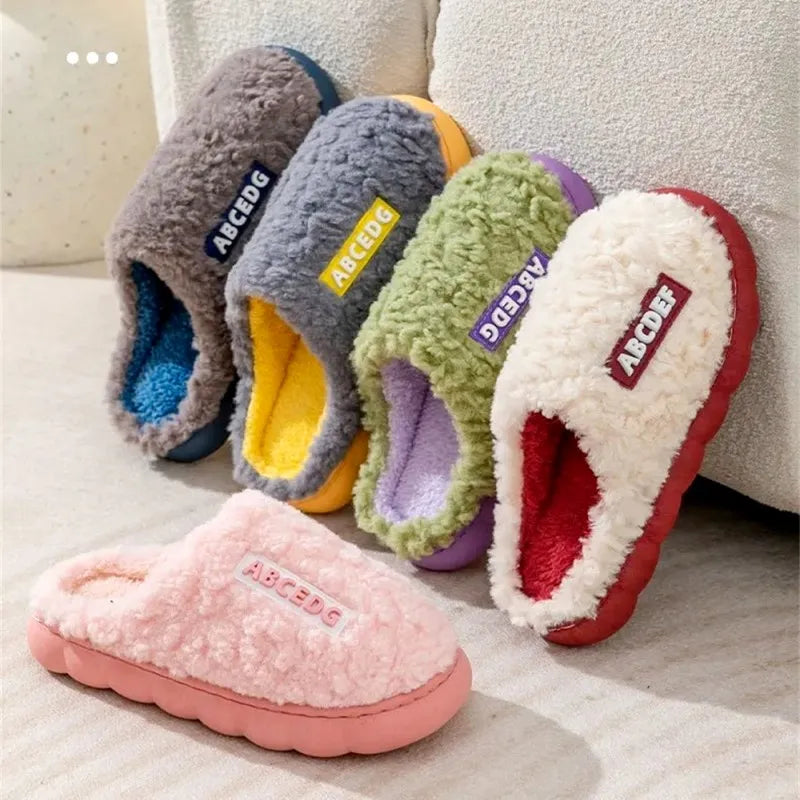 Fashion Winter Plush Couple Cotton Slippers for Women Men Cute Cartoon Anti-slip Solid Color Thick Soles Slides Indoor Home Use