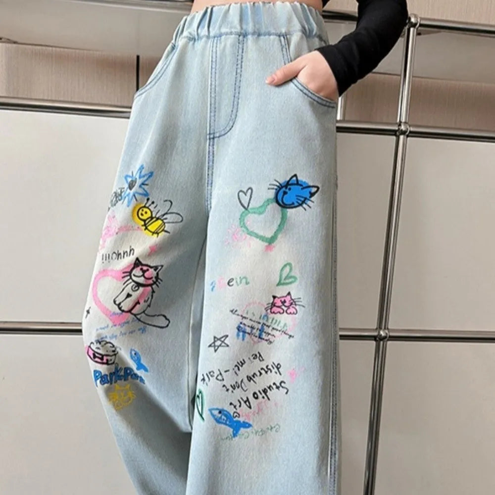 Straight Teen Girl Jeans Loose Graffiti Children Cartoon Jeans High Waist Wide Leg Girls Denim Trousers Kids Children