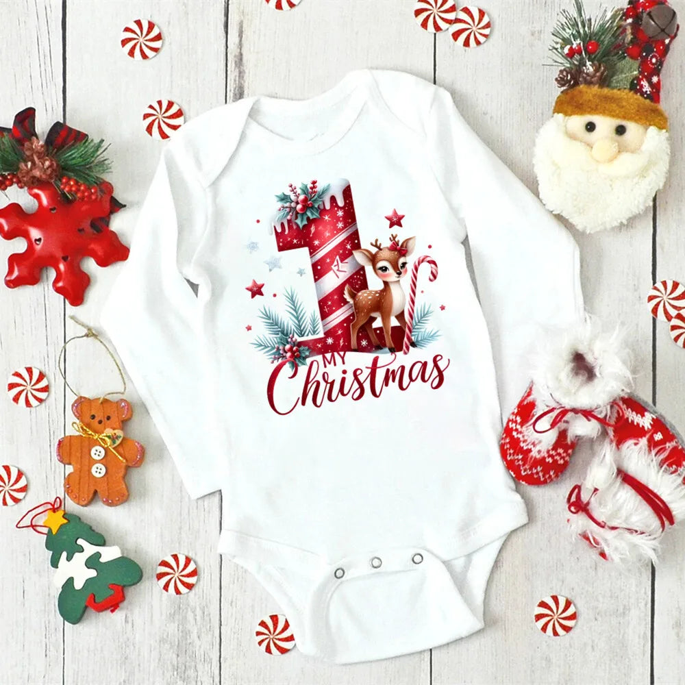 My 1st Christmas Deer Print Baby Romper Newborn Long Sleeve Romper Xmas Toddler Jumpsuit Christmas Party Infant Bodysuit Outfit