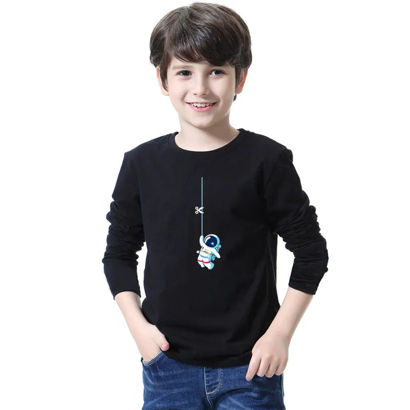 3-14years Boys Funny Astronaut Rope print T-shirt Kids Tops Teens o-neck Long Sleeve Spring Autumn Cool Fashion Clothes