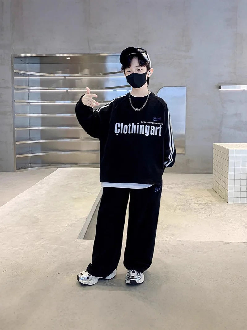 Teenager Boys Autumn Winter Cloth loose striped sweatshirt hooded + wide leg Pants tracksuit 5 8 10 12 Year Child set