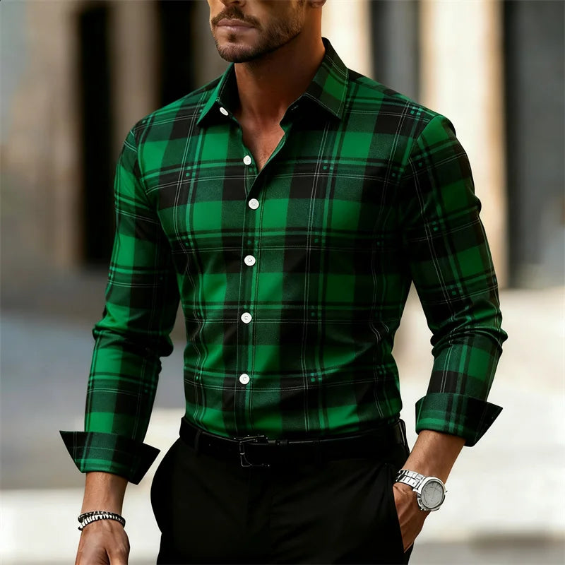 Men's plaid shirt, fashionable and casual street style long-sleeved shirt, men's tops, outdoor daily wear, large sizes XS-6XL