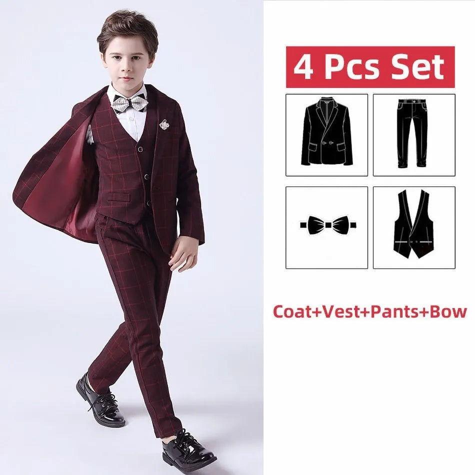 Teenager Costume Boy Young Blazer Children Elegant Party Suit Baby Blue Gray Red Plaid Birthday Tuxedo Gentlemen Pageant Outfits