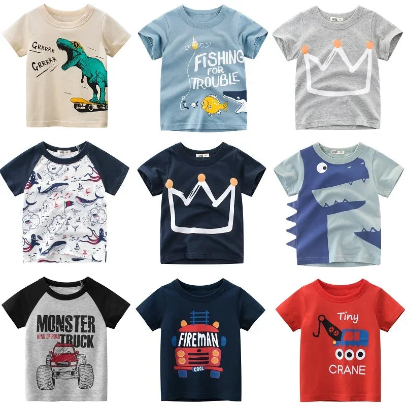 Boys T-Shirts 2-9 Years Cartoon Animals Baby Kids Tees Children Cotton Short Sleeves Summer Tops Car Dinosaur Shark Printing