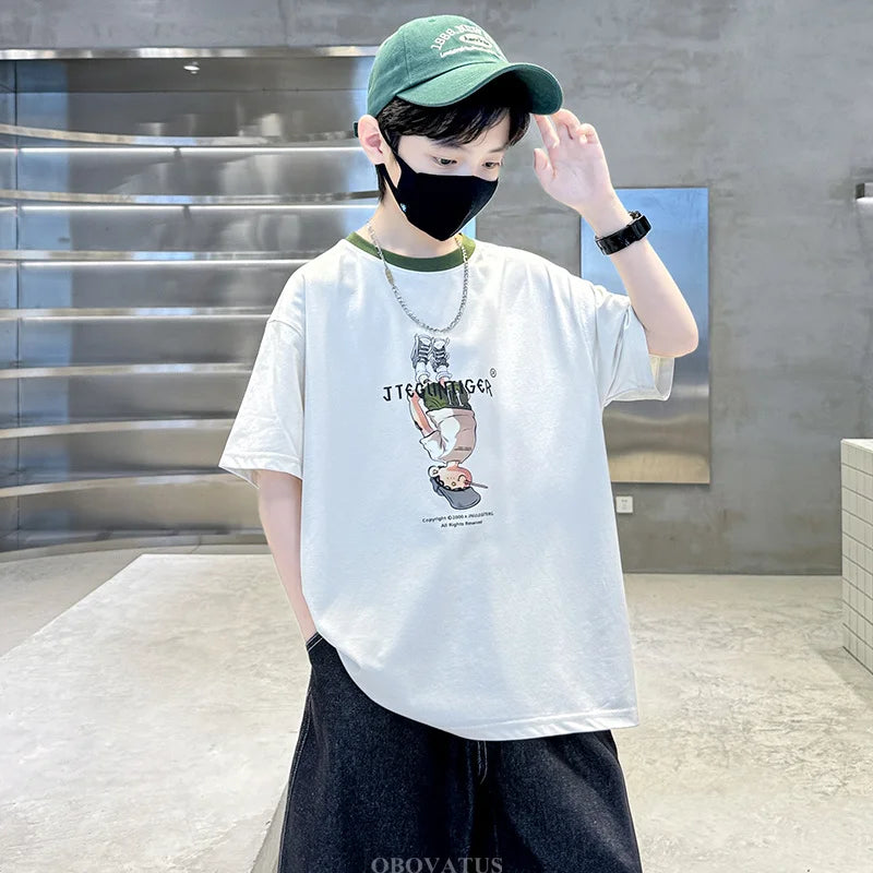 Summer Tees Tops for Teen Boy Cotton T-Shirt New Short Sleeve Fashion Cartoon Tshirts for Children Korea Kids Luxury Clothes