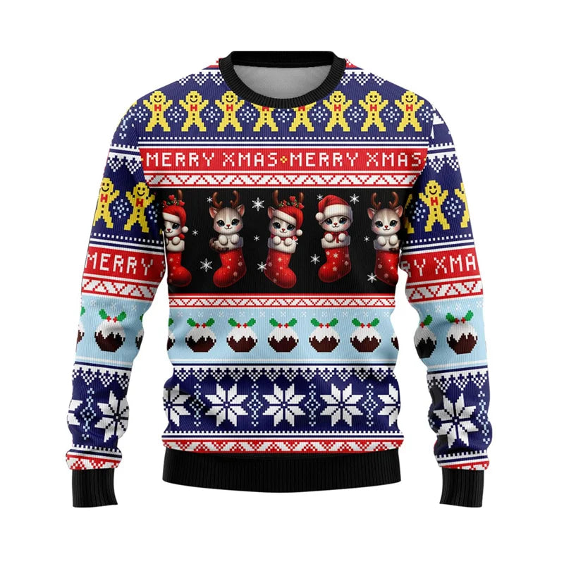 Cat Ugly Christmas Sweater Pet Mens Sweater Xmas Autumn Holiday Crewneck Sweatshirt Kawaii Cats Graphic Sweatshirts Unisex Tops
