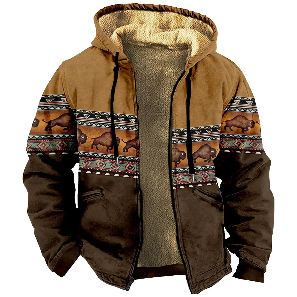 Vintage Winter Hooded Jackets for Men Thick Fleece Motorcycle Hoodies Casual Fit Zipper Jacket Male Versatile Hooded Sweatshirts