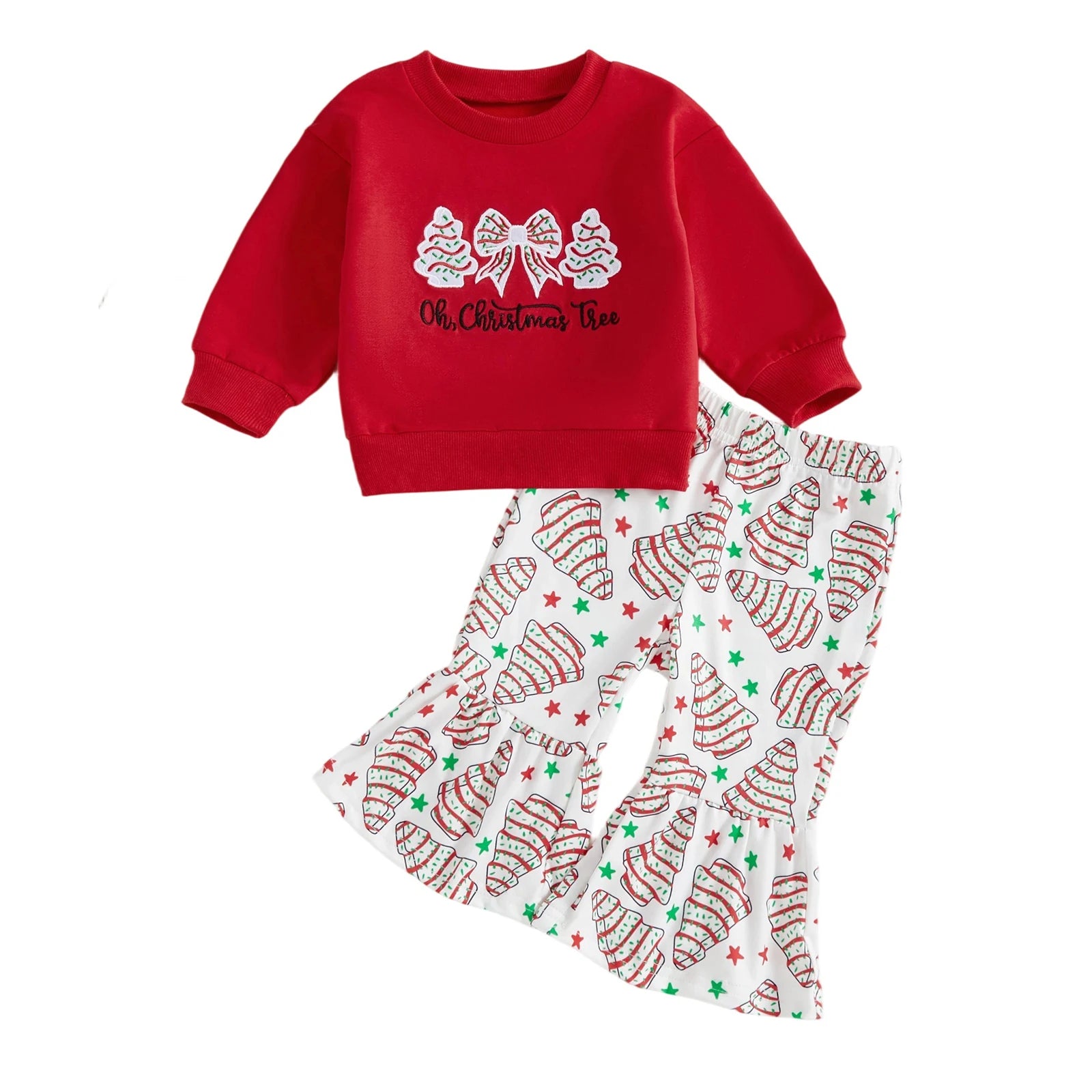 Lioraitiin Toddler Little Girl Christmas Outfit Bow Tree Applique Crewneck Sweatshirt and Flare Pants 2 Piece Winter Fall Set