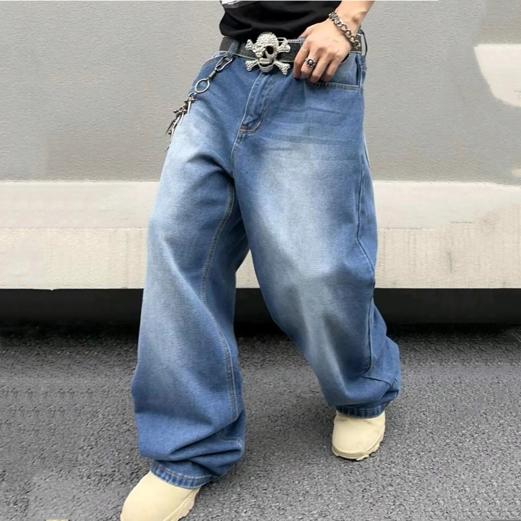 Streetwear Loose Jeans for Men Korean Style Fashion Loose Straight Wide Leg Pants Men's Clothing Black Light Blue Trousers