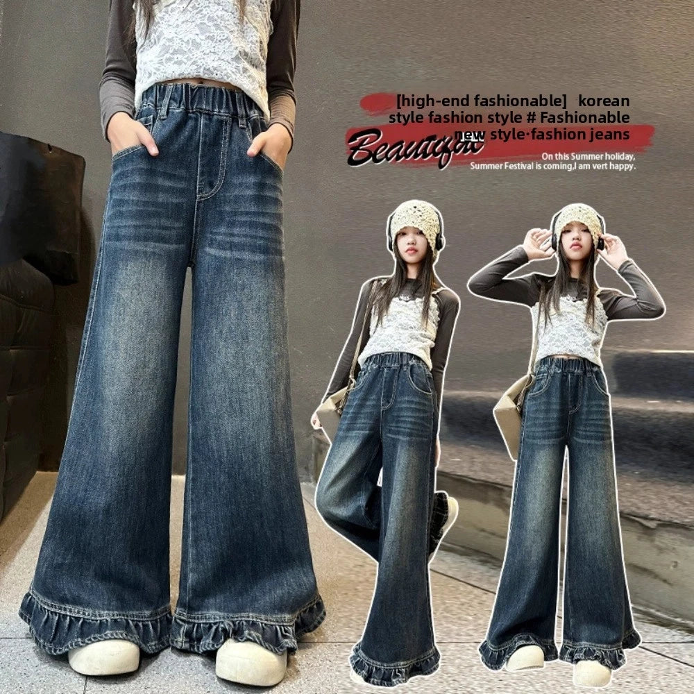 Wide Leg Pants Teen Girl Jeans Straight High Waist Children Ruffled Jeans Streetwear Cowboy Girls Denim Trousers Children
