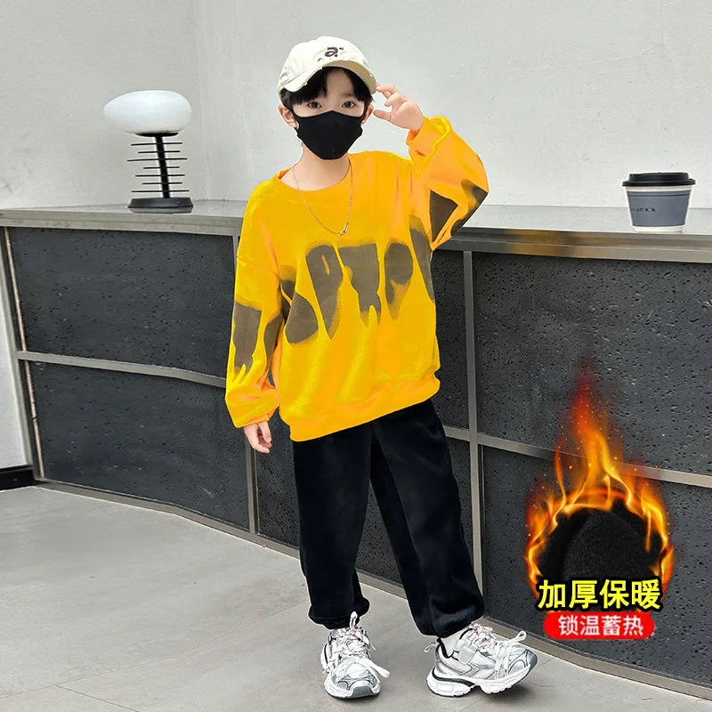 2025 autumn winter Boys Tracksuit velvet sweatshirt t shirt + ankle-tied Pants Suit Clothes children Set 4 5 6 8 10 12 14 Year
