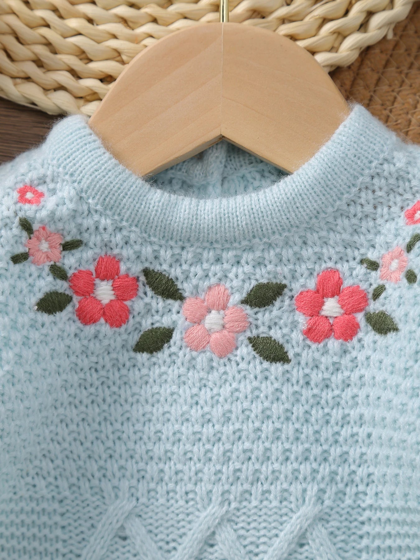 Ins Baby Autumn and Winter Flower Embroidered Long-Sleeved Knitted Jumpsuit with Feet