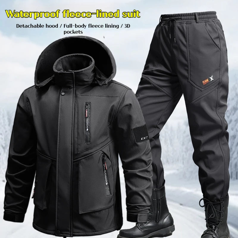 Men's Work Suit Winter Thickened Waterproof Jacket Pants Set Windproof Outdoor Workwear Winter Two Piece Set Jogging Suits Men