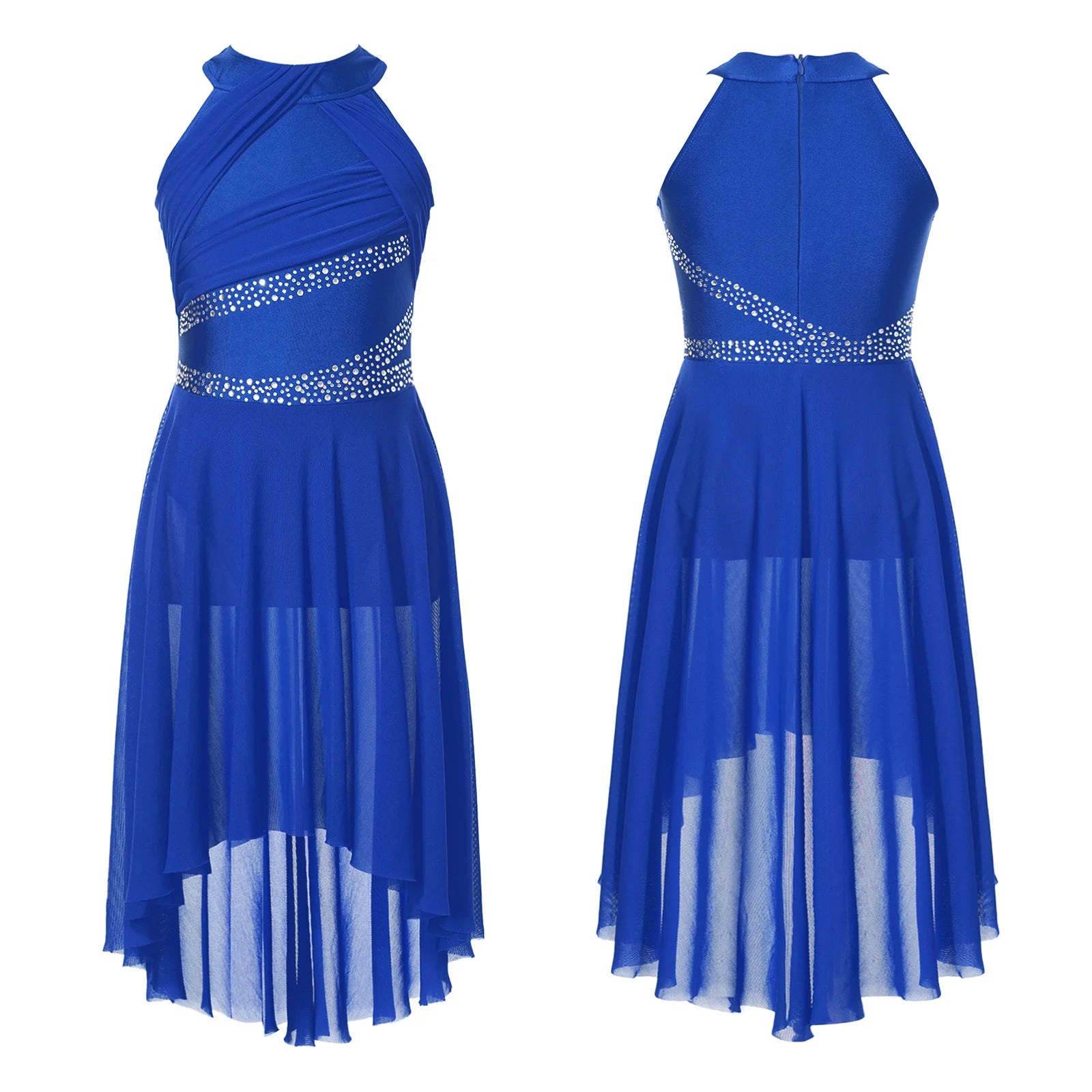 Teen Girls Modern Lyrical Dance Dress Latin Ballet Gymnastics Skating Clothes Sleeveless Shiny Rhinestone Ruched Leotard Tutu