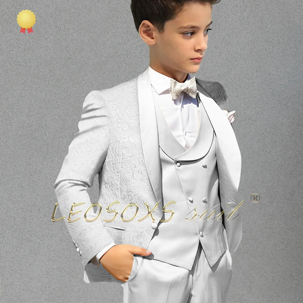 Boys Champagne Jacquard Coat Dress Set (Coat + Vest + Pants) Children Wedding Party Birthday Gift Elegant Gentleman Tuxedo