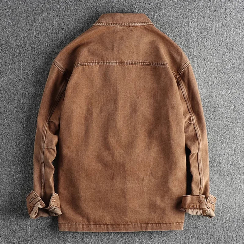 Heavy do old washed coffee color denim jacket men retro trend three-dimensional pocket youth cardigan coat
