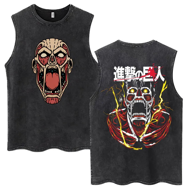 Washed Anime Attack on Titan Vintage Tank Tops Eren Yeager Shingeki No Kyojin Sleeveless T Shirt Men's Cotton Loose Y2k T Shirts