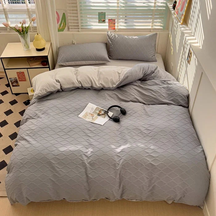 seersucker bed sheet four-piece set washed cotton skin-friendly and comfortable rhombus quilt cover solid color quilt cover