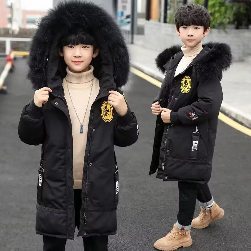 Boys Down Jackets 4-14 Years 2023 Winter Teen Boy Thick Warm Cotton Hooded Coats Outerwear Children Clothing Windbreaker Jackets