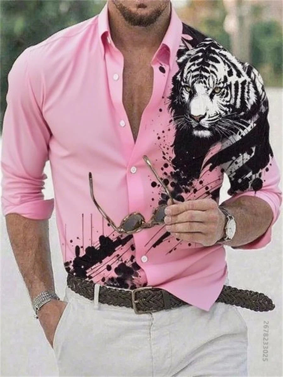 Men's pure color casual tiger 3D print long sleeve shirt, slim without ironing fashionable elastic fabric social essential
