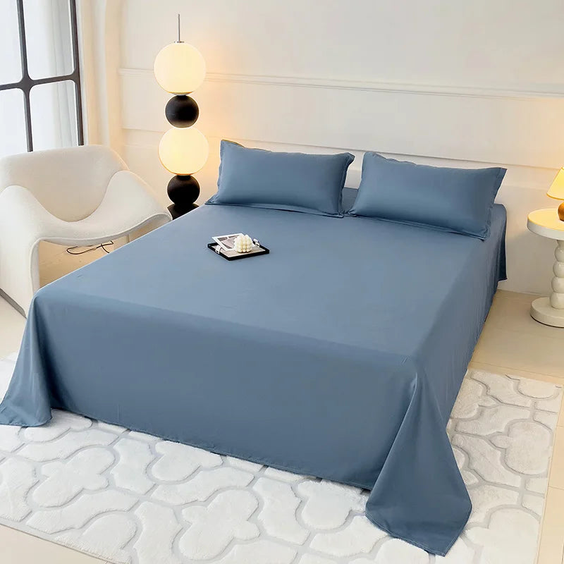 1 PC Sky Blue Bed Sheet Single / Queen / King Flat Sheet for Adults Skin-Friendly Solid Color Washed Bed Sheets Постельное Белье