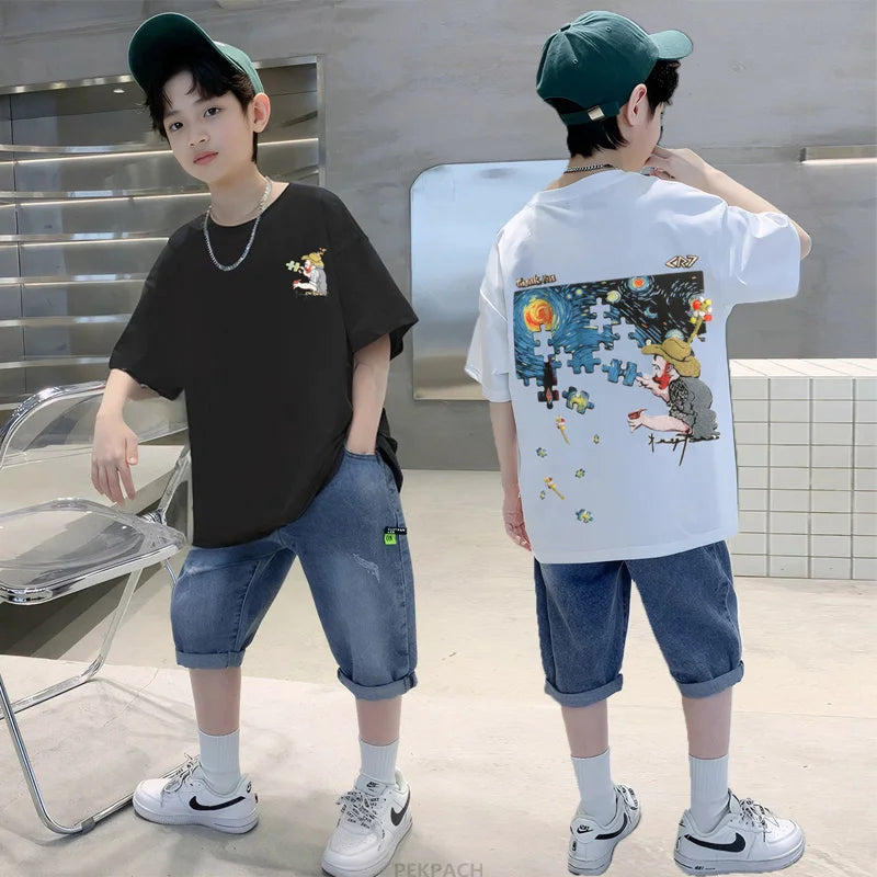 Big Boys Sets Clothing Kids Short Sleeve Cotton T-shirt And Shorts 2 Pieces Outfits Set Teenage Children Casual Summer Outerwear