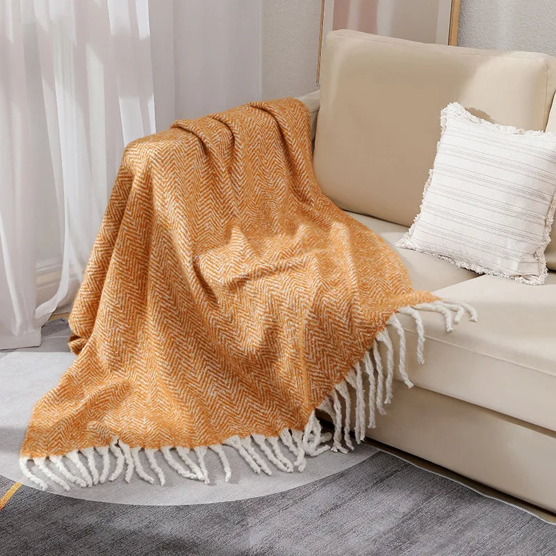 European and American Style Solid Sofa Blanket Napping Air Conditioning Blanket Towel with Tassels Super Soft Cozy Shawl Cushion