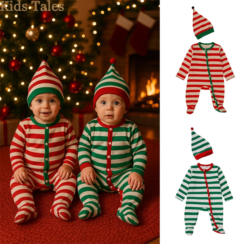 2PCS Christmas Costume Newborn Baby Boy Girl Clothes Striped Romper＋Hat Long Sleeve Cotton Bodysuit Jumpsuits Infant Clothing